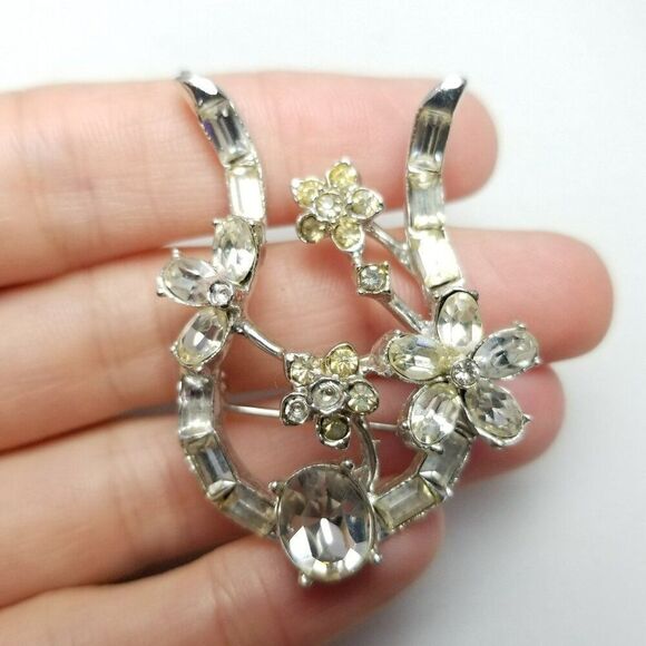 Vintage Rhinestone Floral and Horseshoe Shape Brooch, Silver Tone Setting Estate - Picture 1 of 6